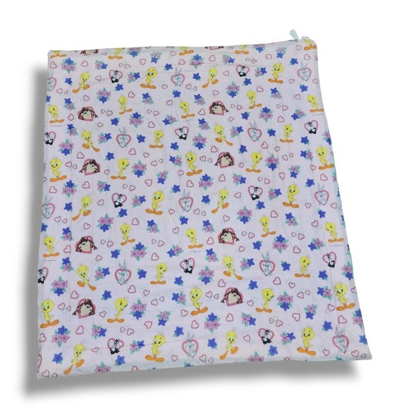 Looney Tunes Comforter Tweety Bird REVERSIBLE Vintage Blanket Teal Pink Hearts - Picture 2 of 10